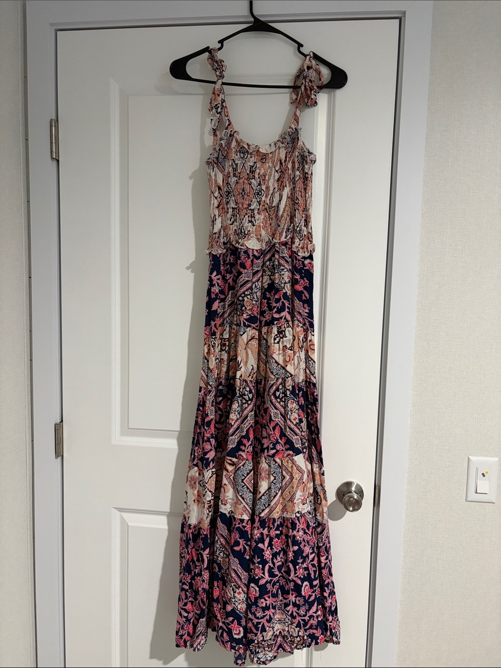 Boho Maxi Dress in Navy, Pink and Cream with Tie Straps